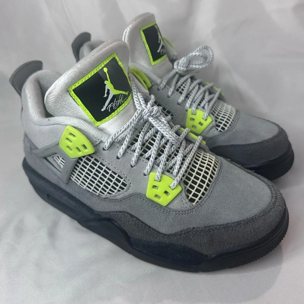 Suede Jordan 4’s Big Kid’s Sz. 4.5y charcoal grey and volt colorway